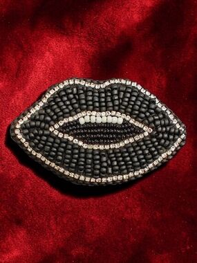 Designer's Murka Matte Black Beaded Lip Brooch with Crystal Accent